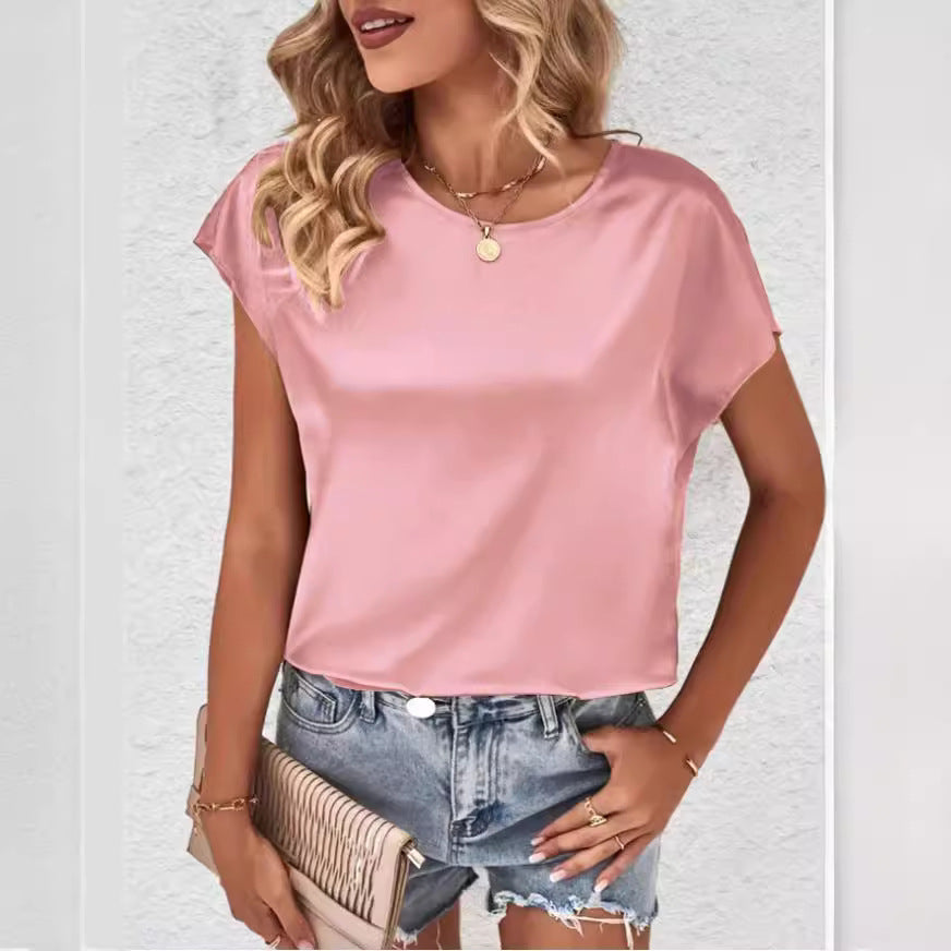 summer new arrival: women's solid color casual top - batwing sleeve satin round neck faux silk blouse