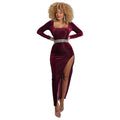 Amazon cross-border fashion:  autumn/winter sexy square neck high slit gold velvet dress - evening party maxi dress