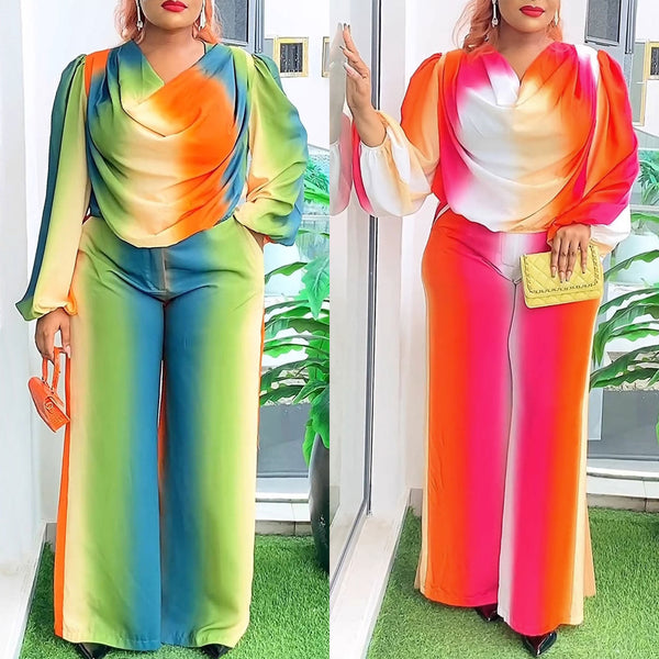S10912 Lantern Sleeve Non-Positioning Printed Swinging Neck Wide Leg Pants Set