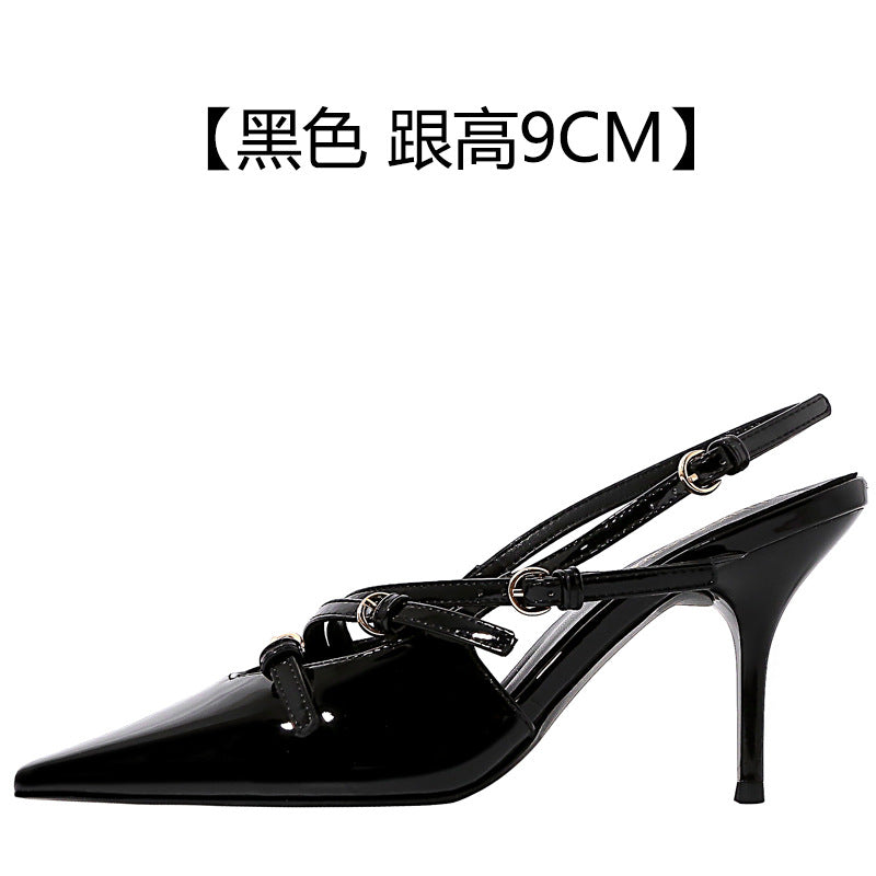 2026 summer european and american style patent leather stiletto peep-toe sandals women's single strap cat heel pointed toe back strap high heels