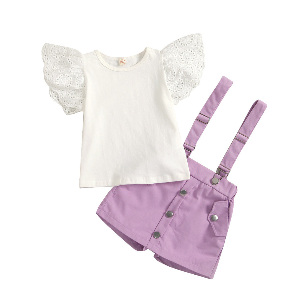 European and american cross-border e-commerce new arrival: girls' solid color hollow-out flutter sleeve crew neck top with detachable strap shorts two-piece set
