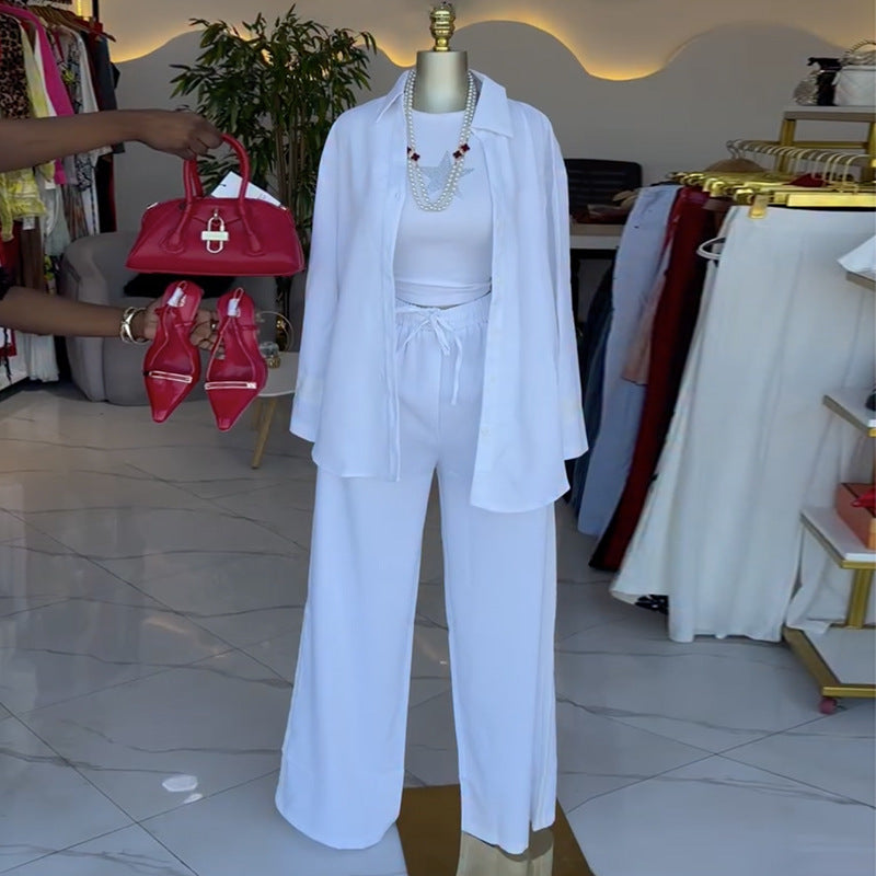 European and american cross-border women's spring  new collection: casual turn-down collar solid color loose fit long sleeve shirt and tie-waist pants set
