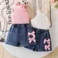 26 cross-border summer girl pink and white pit strip halter top + denim shorts sweet bow children's clothing wholesale in stock