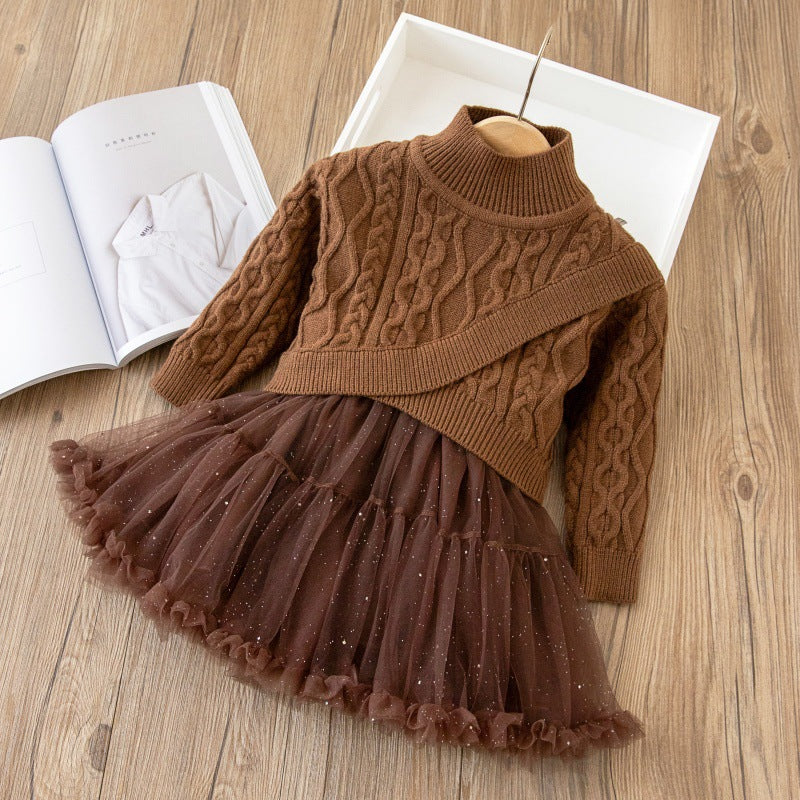 Christmas dress girls' sweater dress  autumn/winter new princess dress new year's outfit tutu skirt set