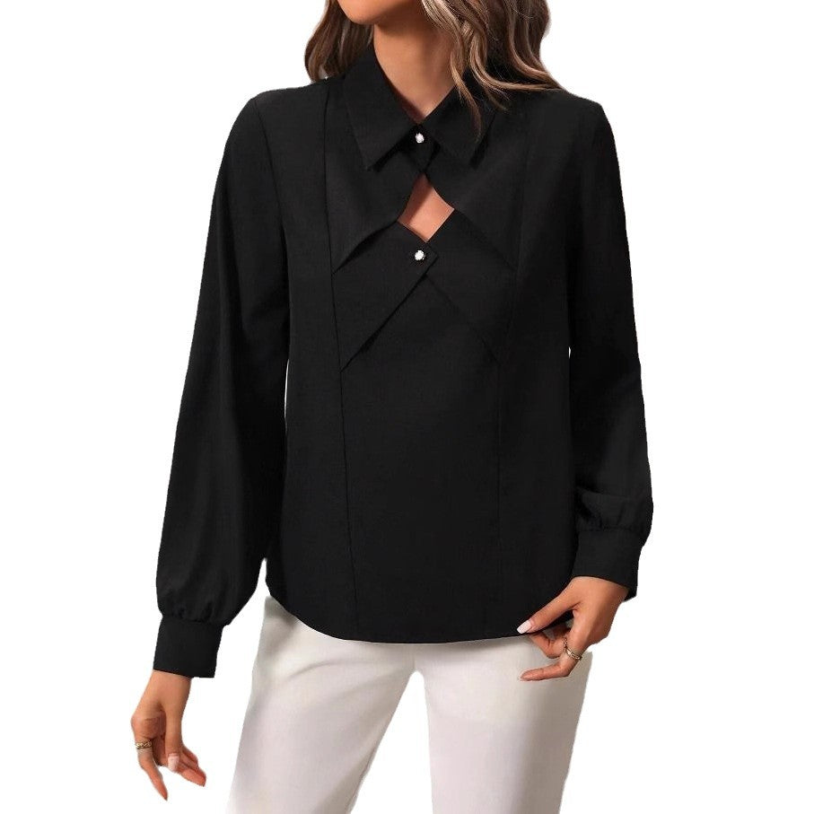 European and american cross-border e-commerce  new autumn fashion commute design asymmetrical long sleeve women's blouse