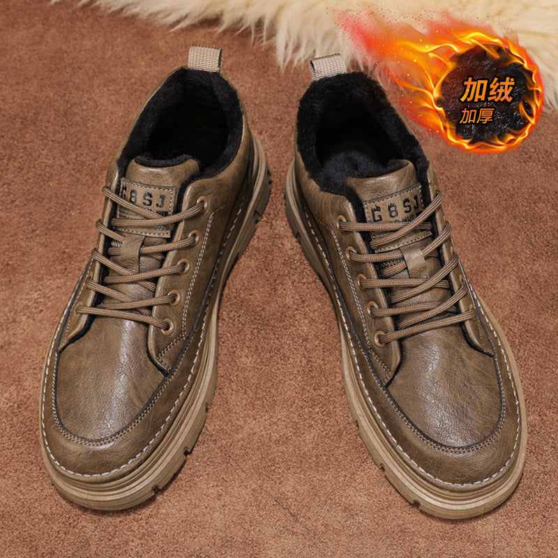 Men's winter new arrivals: versatile casual leather shoes with fleece lining for warmth. trendy british style business anti-slip work shoes