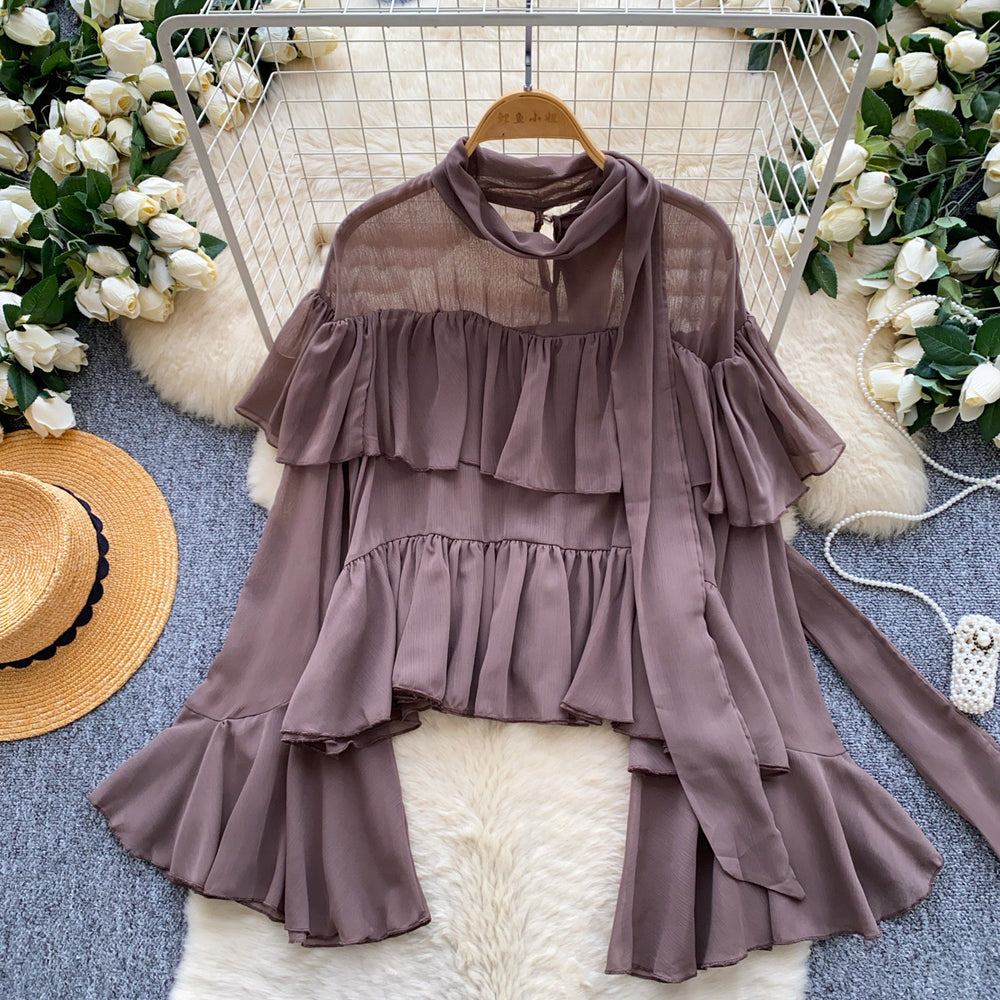 French chic ruffle chiffon blouse - women's summer long sleeve pink commute top - elegant sun protection shirt