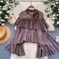 French chic ruffle chiffon blouse - women's summer long sleeve pink commute top - elegant sun protection shirt