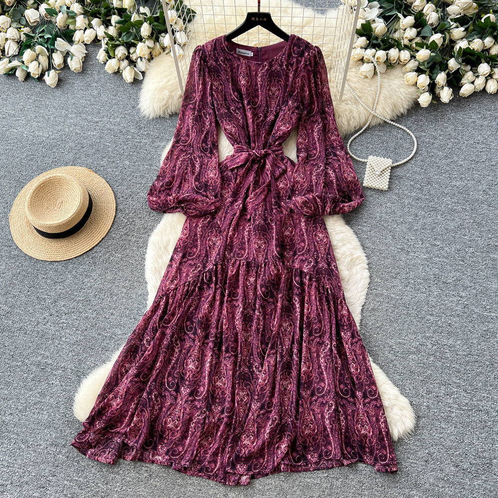 French lady style printingloosedress women's spring & falllong sleeves strap waist a-line long skirt slimming lookelegant skirt