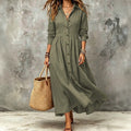 Plus size women's vintage shirt dress - long sleeve, button-down, notched collar, buttoned waist, pleated, flowy, loose fit, vacation style