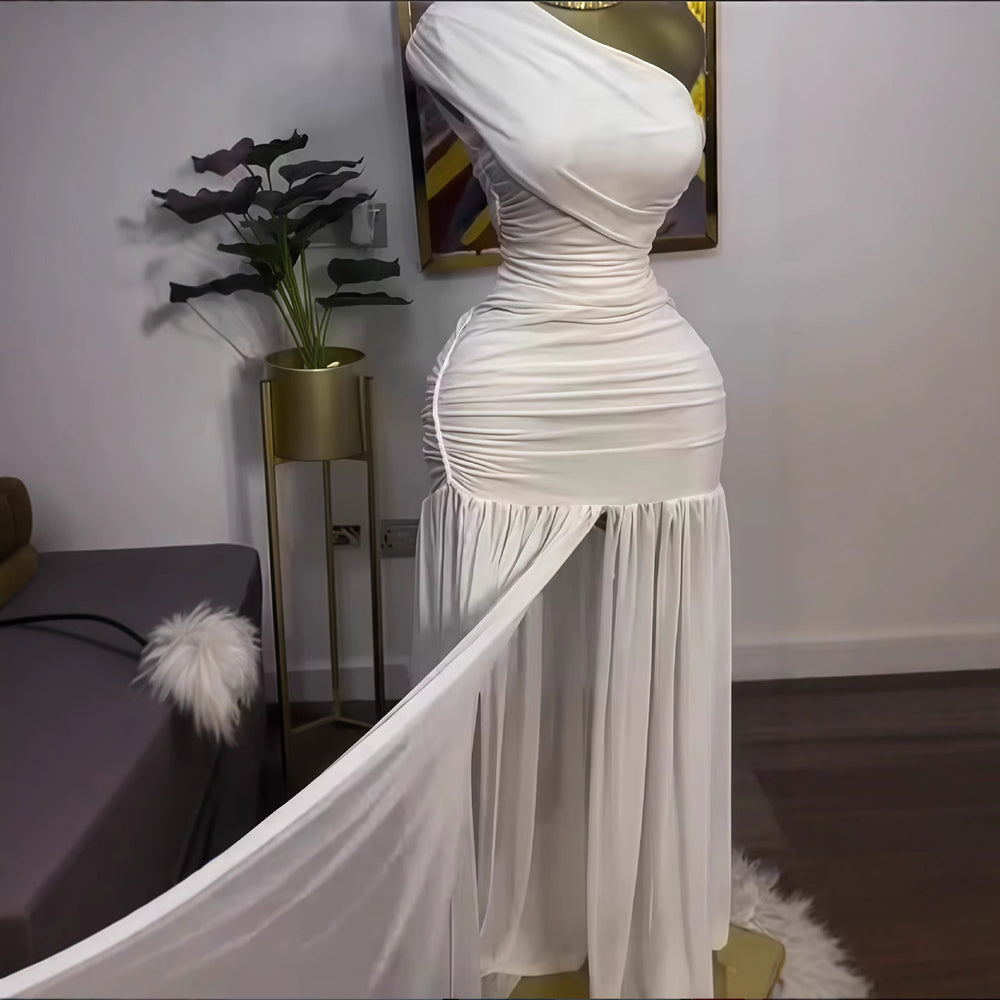 European and american cross-border women's fashion:  spring new arrival - solid color sleeveless asymmetrical neck ruched bodycon slit maxi dress