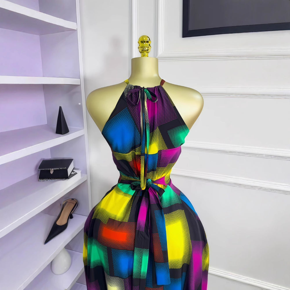 European and american cross-border women's fashion  summer new sleeveless halter color block cinched waist tie-up long elegant dress
