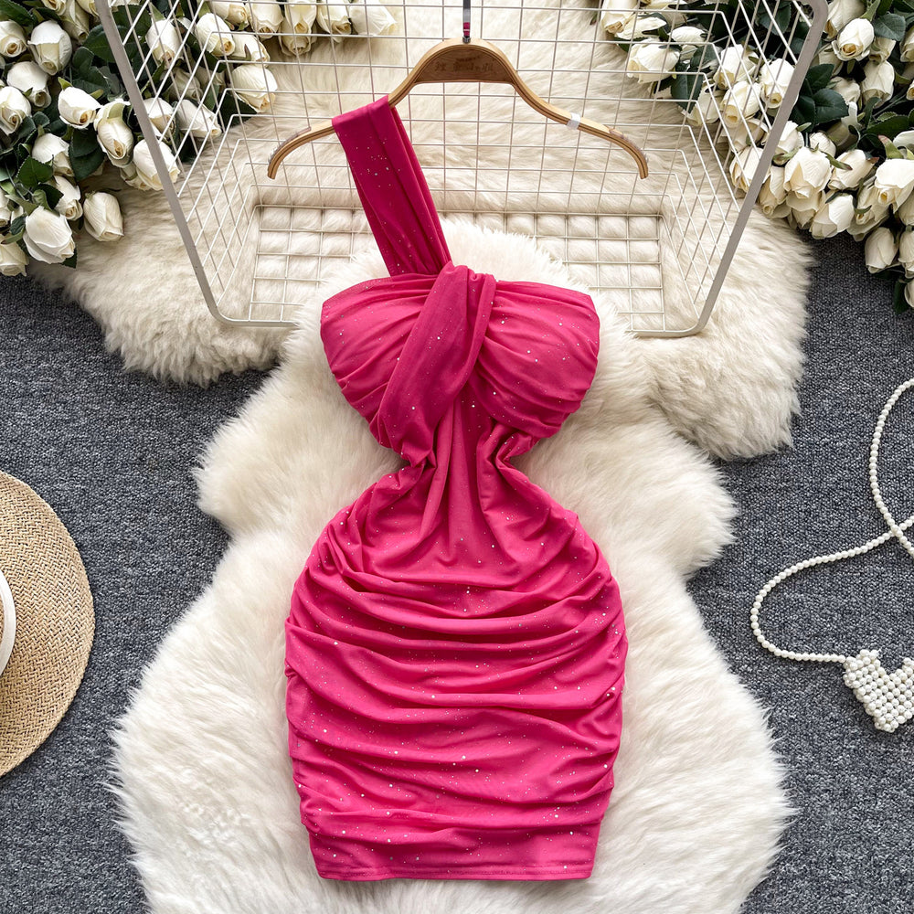 European and american style one-shoulder bandeau dress - women's summer sparkly slim-fit bodycon mini dress
