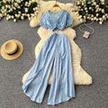Sense of design scheming pleated v neckshort puff sleeve tops women's two-piece setsummerhigh waist slit loose pants