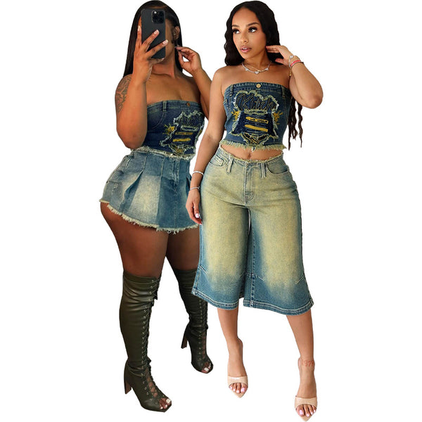 HR88017 European and American fashion women's clothing, elastic denim fabric, sticker embroidered denim skirt imitation tube top