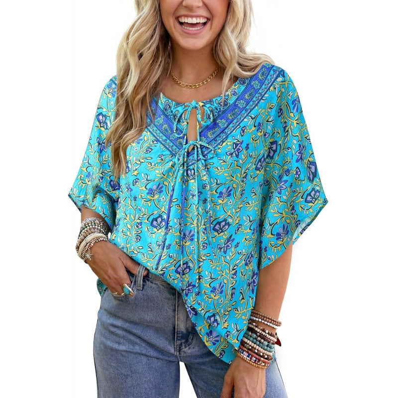 Amazon fashioncasualfloralsv neck short-sleeved shirt for women summernew arrivalbohemiatops