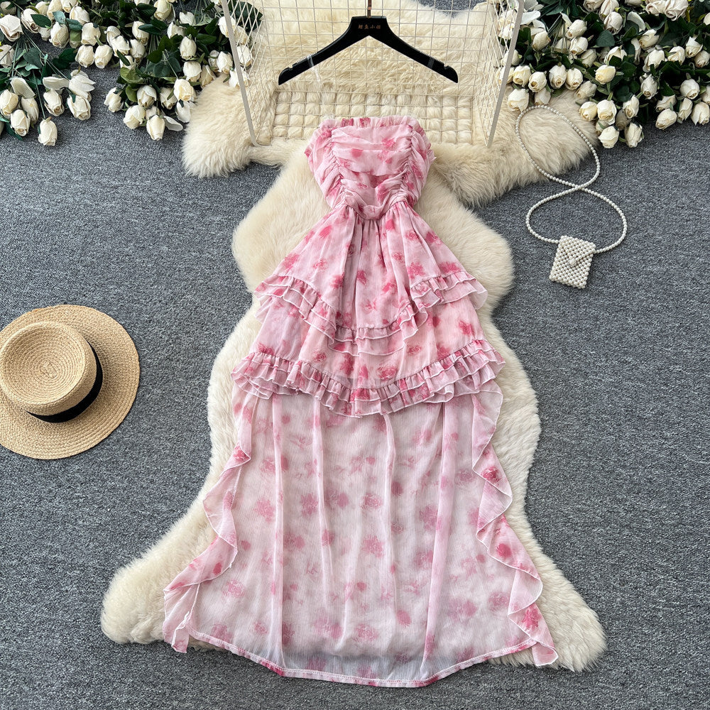 French riviera style printed bandeau dress - women's summer princess style sweet ruffle tiered fairy dress