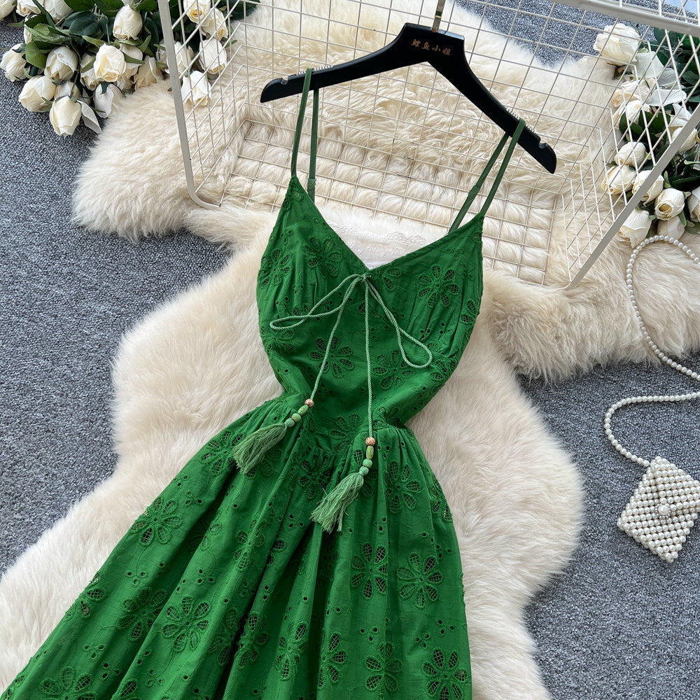 French riviera style green cami lace dress - women's summer cool v-neck ruched waist ruffle hem fairy maxi dress