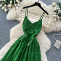 French riviera style green cami lace dress - women's summer cool v-neck ruched waist ruffle hem fairy maxi dress
