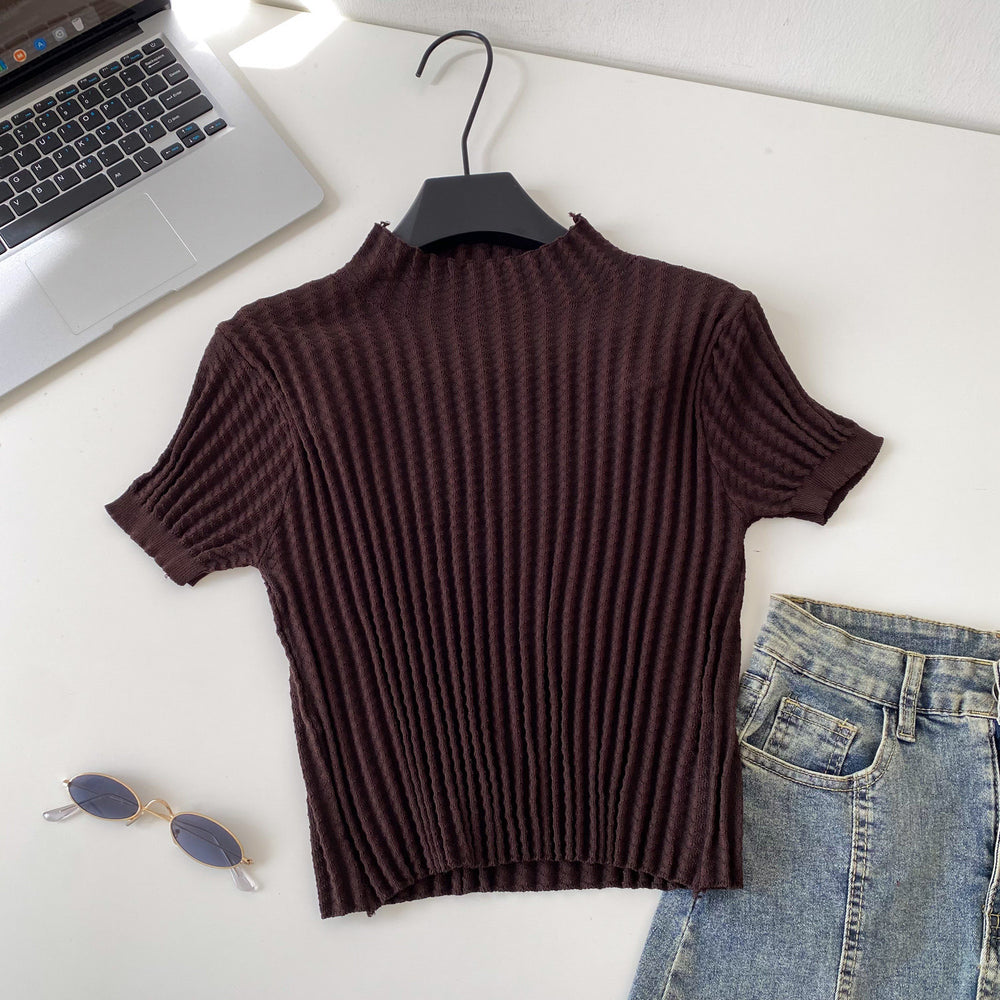 Retrowork clothing style half turtleneck knitting short-sleeved cardigan women's summer age-reducing silmslimming lookeasiest for matchsweatertops