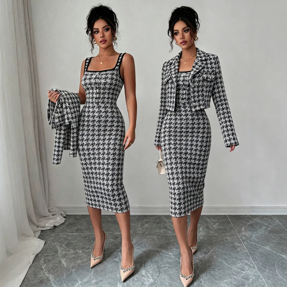Exportfashionaccessible luxurywork clothing bouclé suitlong sleeves lapelshortoutwearmatching silm suspender slimming look skirt