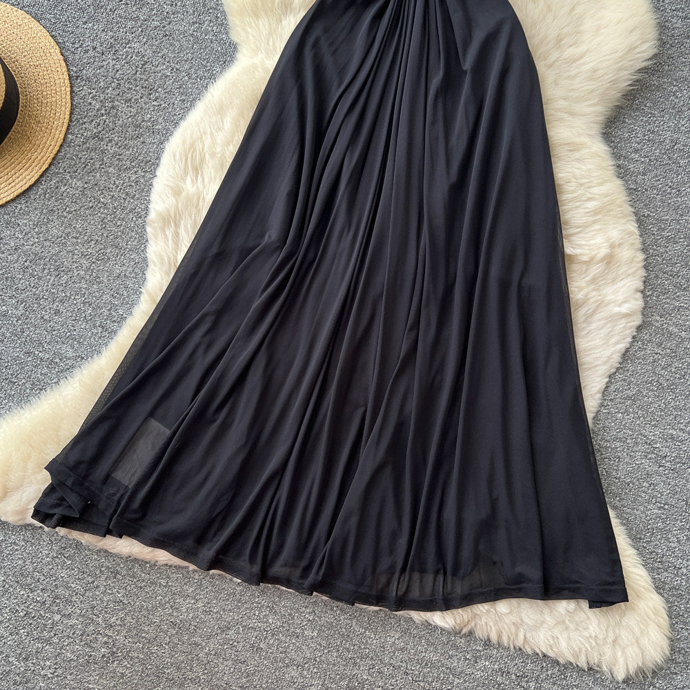 Accessible luxury diamond halter pure desire style dress women's summer black v neck waist slimming look large swing long skirt vacation style