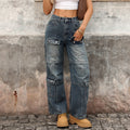 Fashion cross-border foreign trade  heavy industry multi-pocket washed high waist wide leg pants loosemop denim women's pants