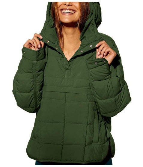 European and american  new casual fashion solid color cotton padded jacket, loose fit long sleeve pullover hoodie with round hem top