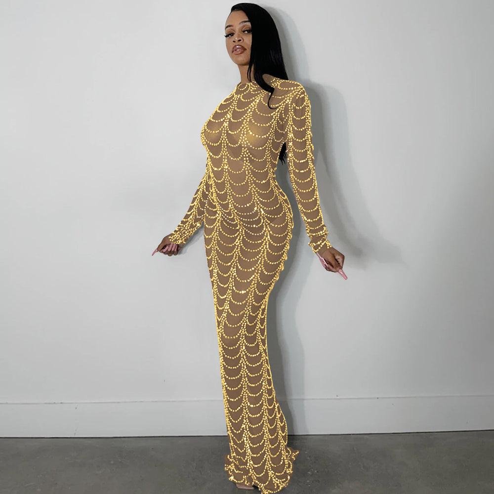 X5351   fashion new sexy nightclub rhinestone mesh see-through long sleeve dress