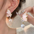 Pink crystal butterfly earrings and pearl earrings--pd018 pink