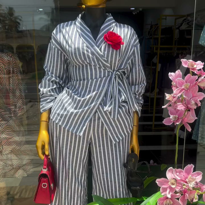 European and american cross-border women's fashion:  summer new arrivals - stylish casual striped tie-front shirt and high-waisted pants set