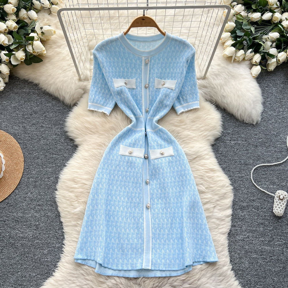 Xiaoxiangfengclassy waist pearl breasted silm short-sleeved knittingdress female frenchslimming looksweater skirt
