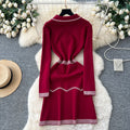 French chic chanel-inspired heavy embellished metal buckle lapel long sleeve slim fit knit dress - women's autumn sweater dress