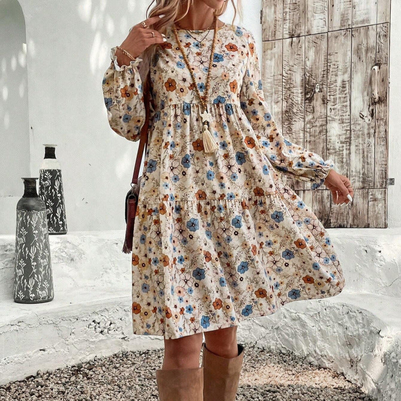 Amazon cross-border fashion:  new european and american style french elegant printed lantern sleeve dress for women