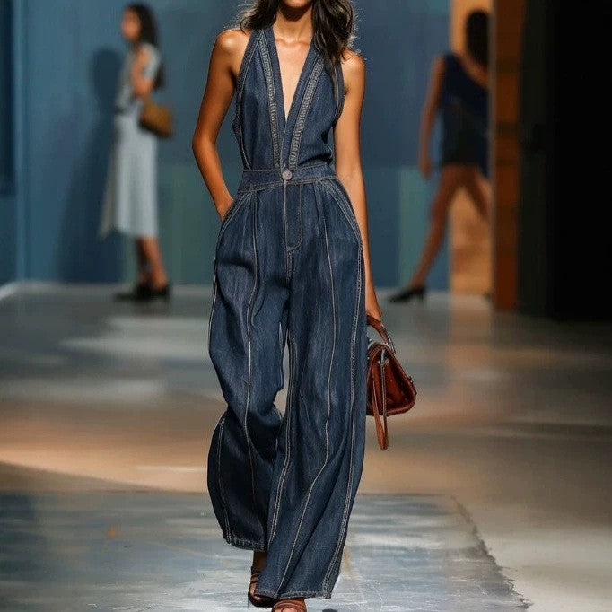 Amazon cross-border fashion cross-border tight waist silm elastic washed denim jumpsuit straight-legloose jumpsuit
