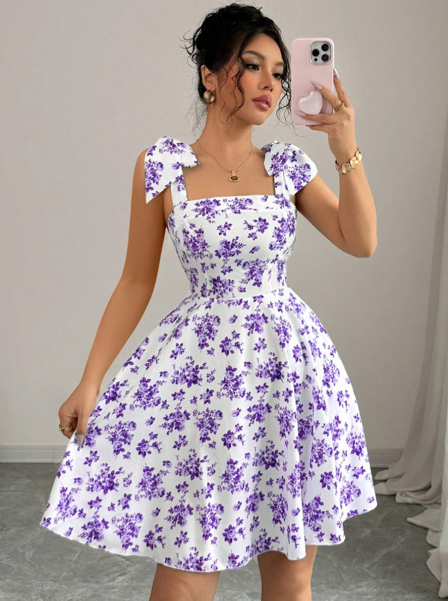 european and american cross-border new arrival: square neck, cinched waist, printed bubble sleeve dress