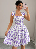 european and american cross-border new arrival: square neck, cinched waist, printed bubble sleeve dress