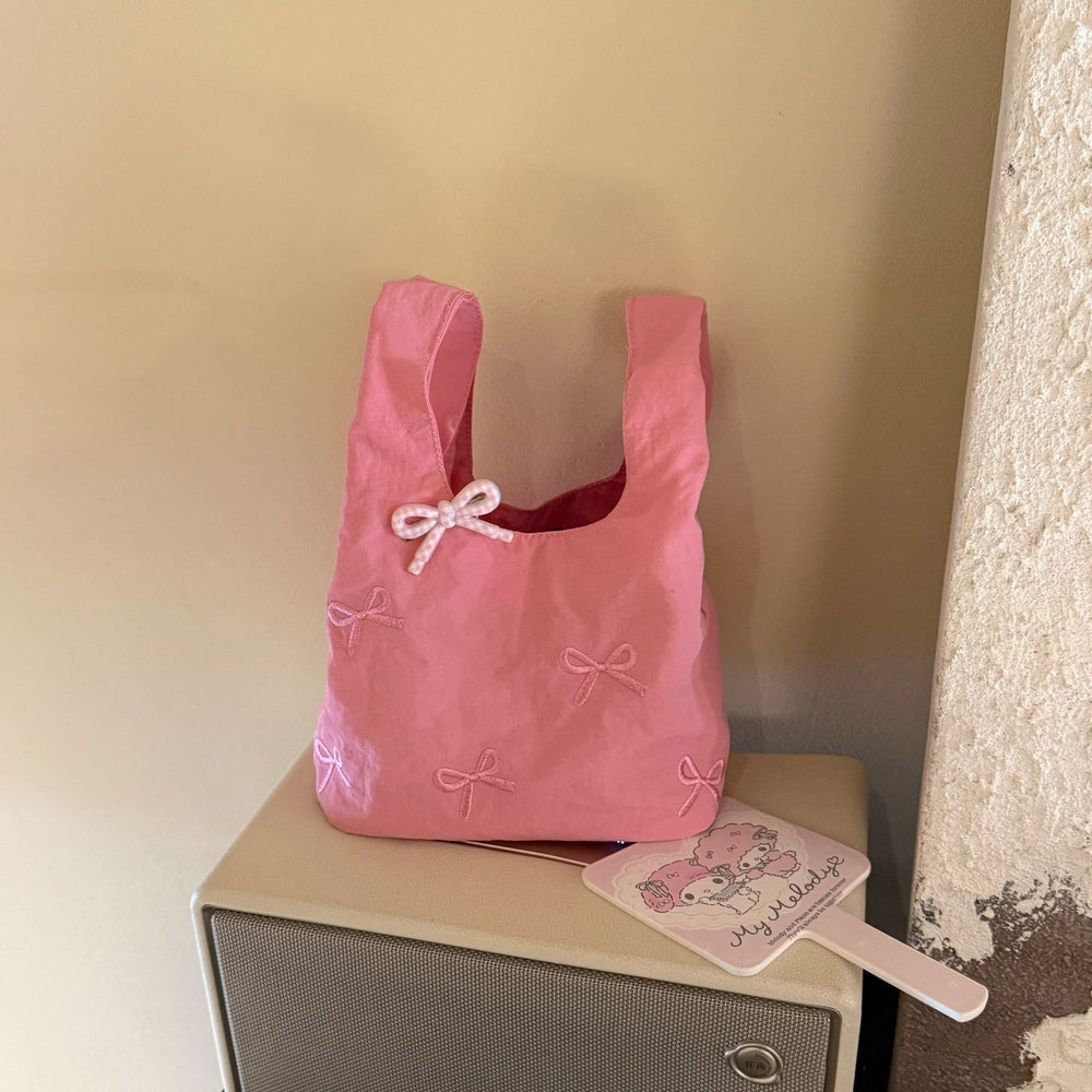 Mint green bow embroidered handbag - girly, portable mini tote bag for everyday commuting, cute storage pouch, exquisite design