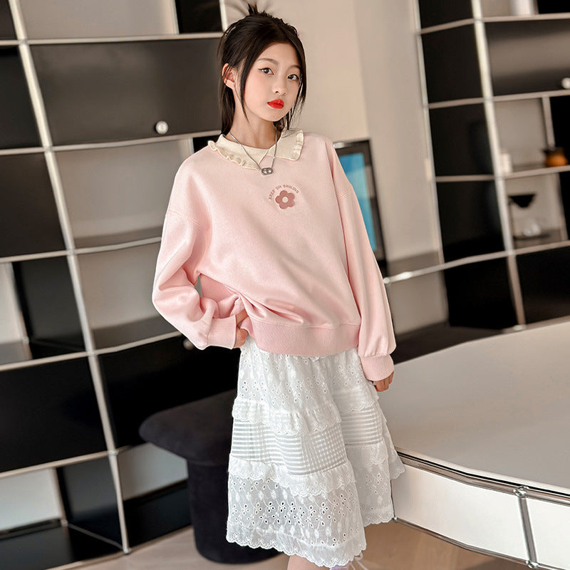Girls' spring/autumn sweatshirt -  new style, chic and trendy polo collar floral top, loose fit base layer, fashionable