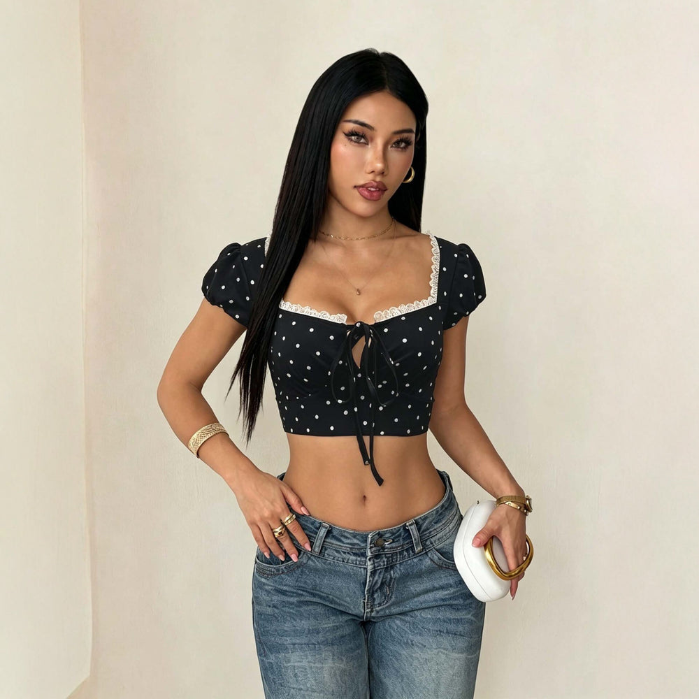 french square collar polka dot puff sleeve tops women's summer hot girl styletie back waist slimming look t-shirt women