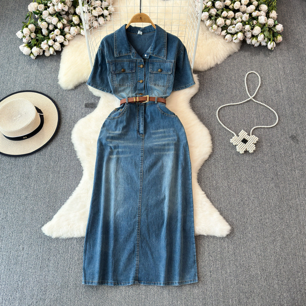 Vintage hong kong style denim dress - women's  summer new arrival - high-end, elegant, slimming, mid-length dress with cinched waist