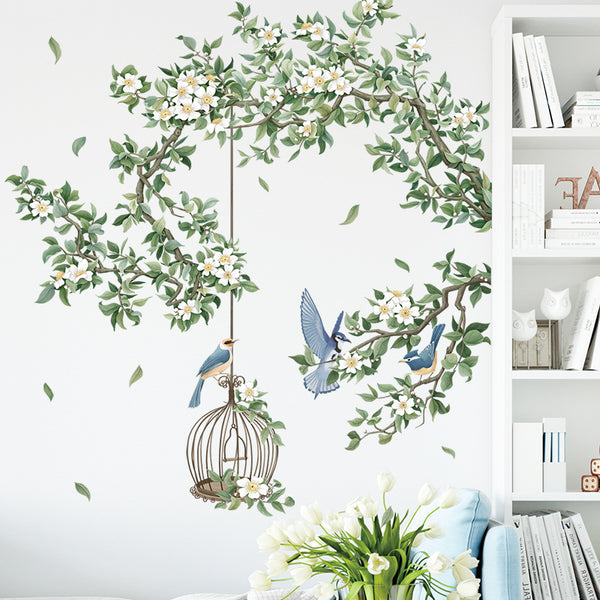 Plant flower birdcage wall sticker bedroom sofa background wall decoration sticker pastoral wallpaper fresh door wall sticker