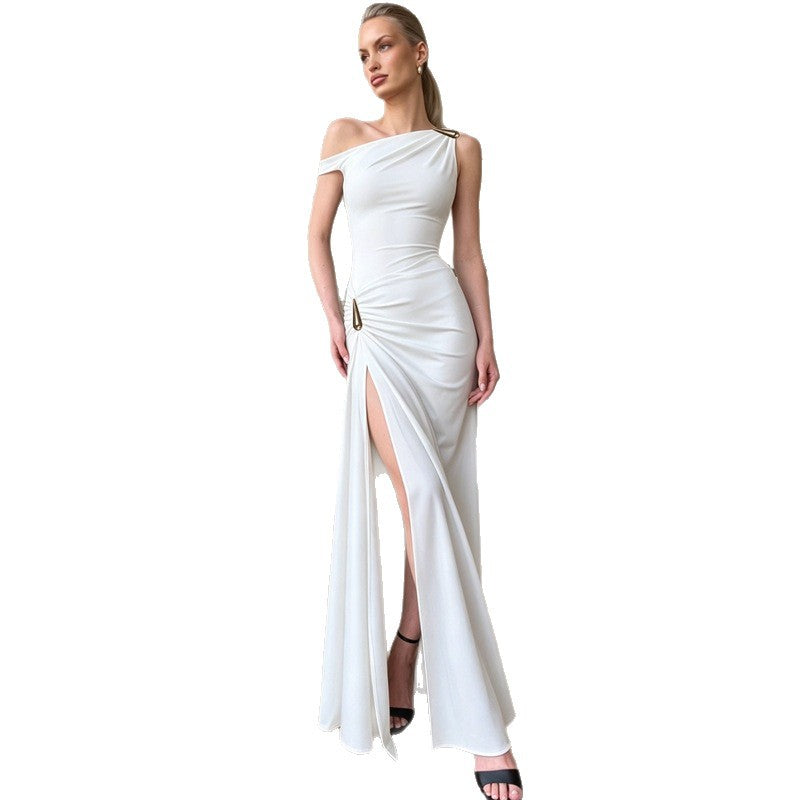 Amazon european and american women's clothing  summer new fashion sleeveless slant neck off-the-shoulder slim fit pleated slit dress