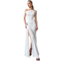 Amazon european and american women's clothing  summer new fashion sleeveless slant neck off-the-shoulder slim fit pleated slit dress