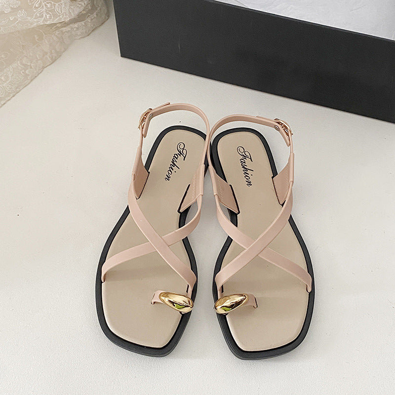 new arrival toe sandals women's summeroutwearpopularflatsfrenchclassy one-piece sandals for women