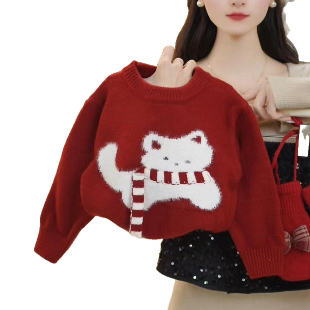 Girls' sweater  new korean style kitten thickened sweater christmas red knitted top new year's greeting outfit