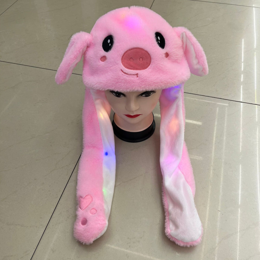 Trendy cartoon beanie with plush moving ears - glow-in-the-dark, wholesale available, large size, perfect for night markets, kids & adults