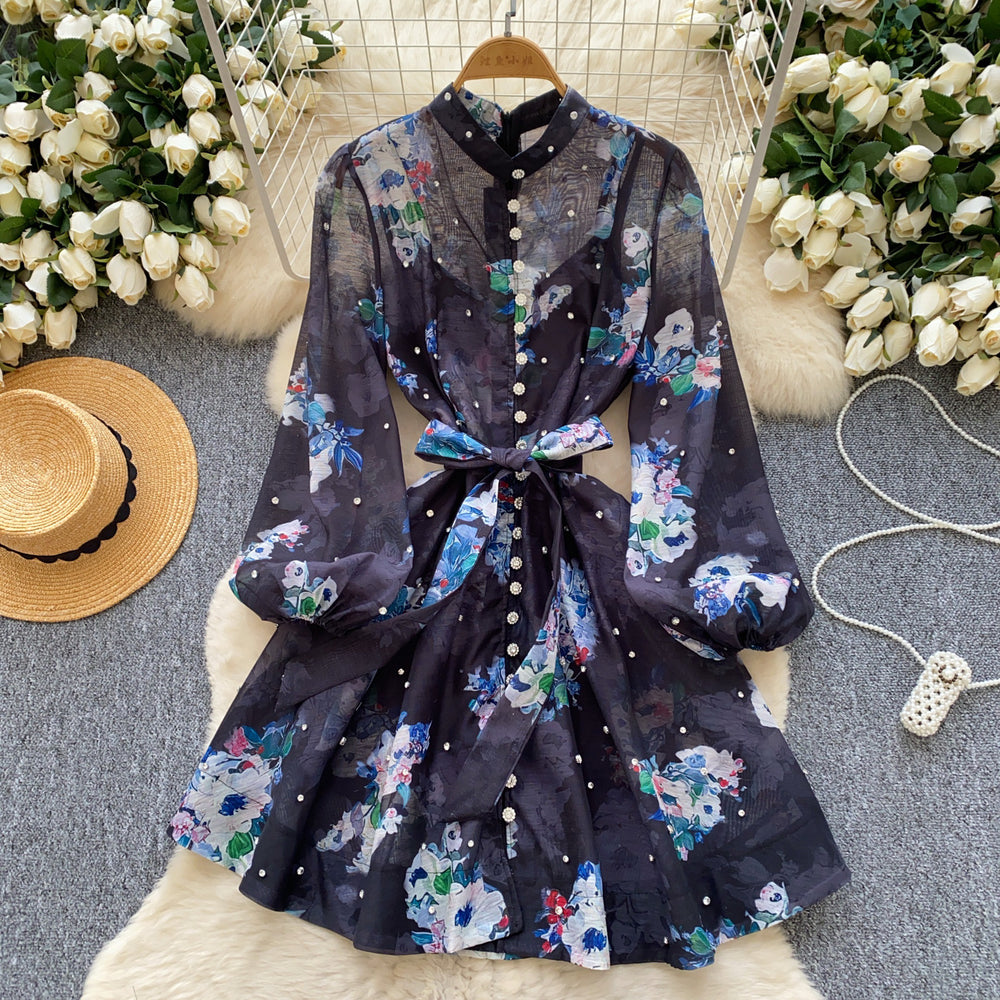 Export palace style spring dress for women new arrival nail diamond button waist printing long sleevesdress + suspender skirt