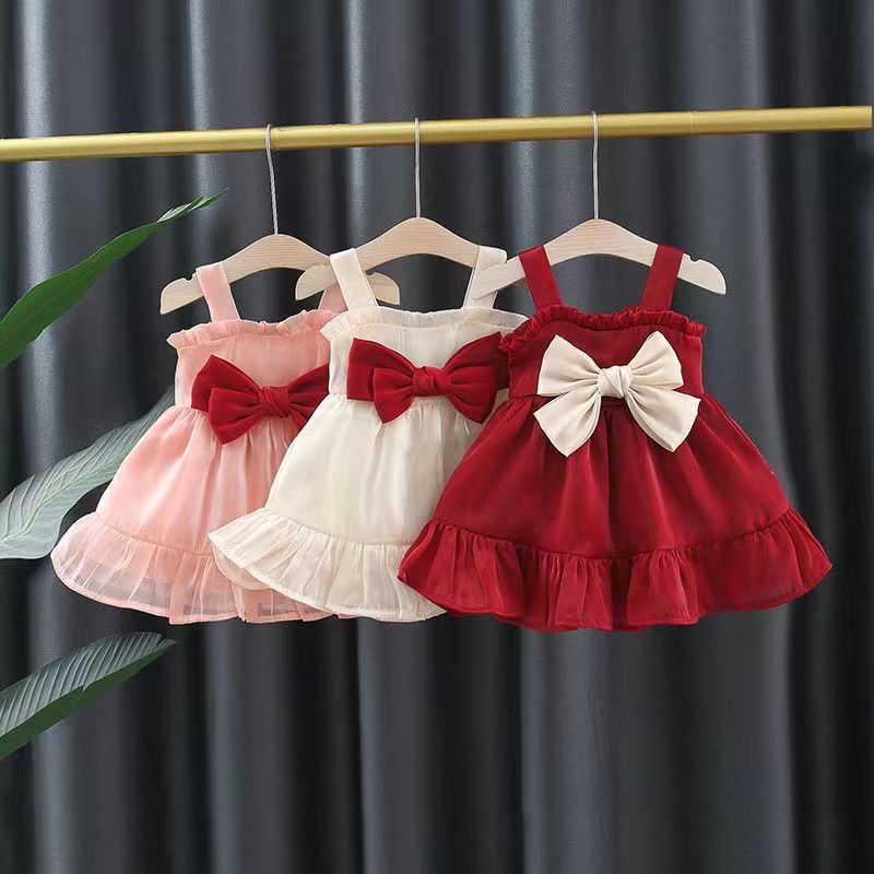 Baby girl red suspender dress summer children's summer one shoulder off shoulder dress girl summer princess dress