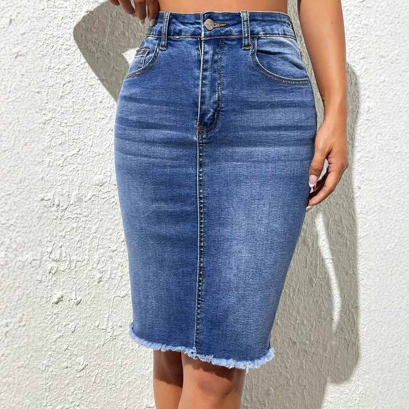 Export elastic skirt women's new arrival blue hip-covering raw edge denim skirt stylish street washed skirt